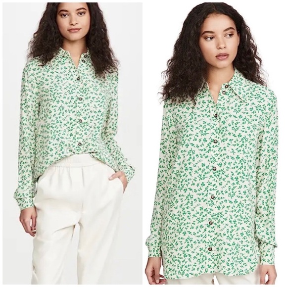 Ganni Tops - Ganni | Green White Printed Crepe Button Down Blouse Tapioca Spell Out Vine